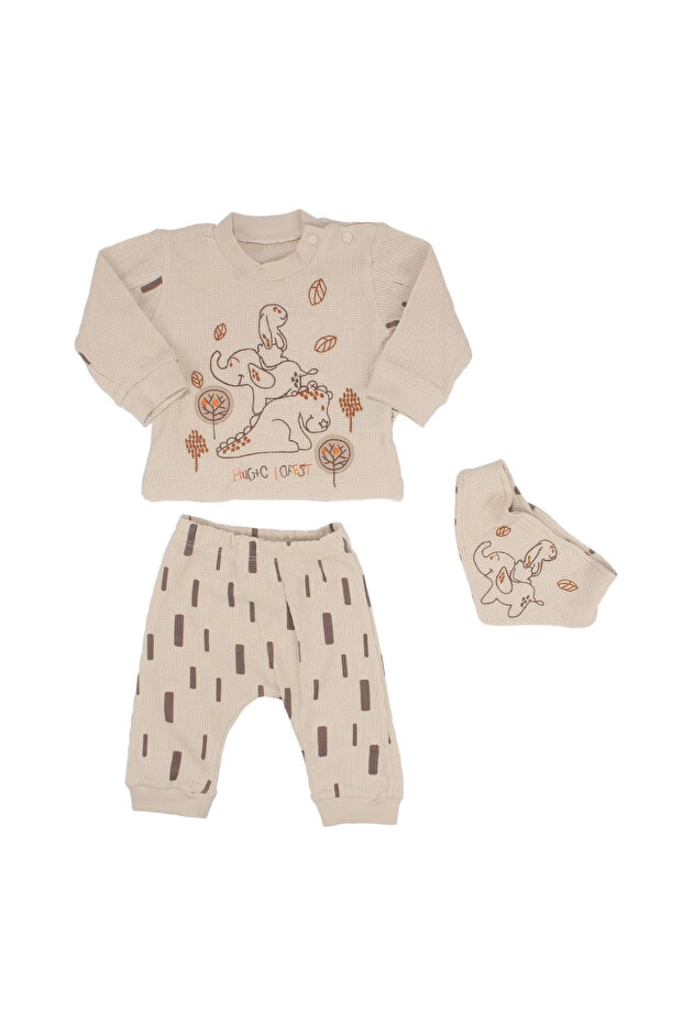 Baby Boy Beige Elephant Embroidered Bib Waffle Set of 3