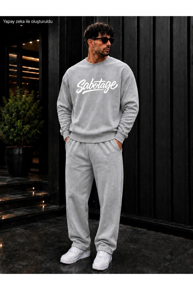 Men's Sabotage Typography Printed Crew Neck Regular Fit Men's Tracksuit Set /Straight Leg Bottom