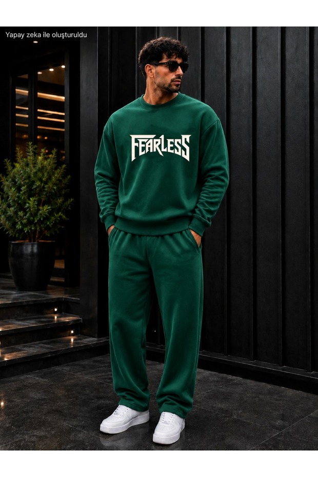Men's Fearless Slogan Printed Crew Neck Regular Fit Men's Tracksuit Set / Straight Leg Bottom