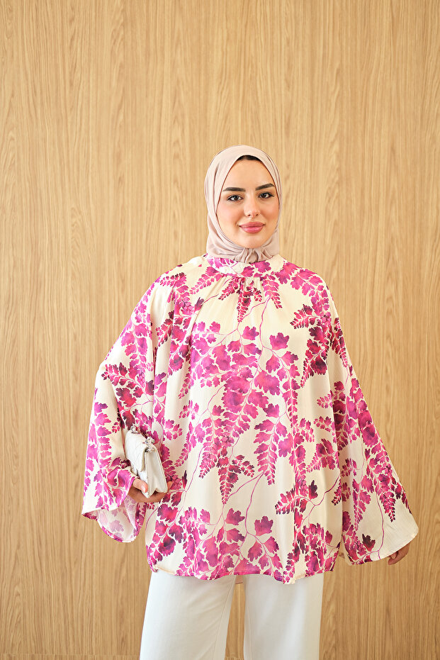 Women's Leaf Patterned Blouse Fuchsia