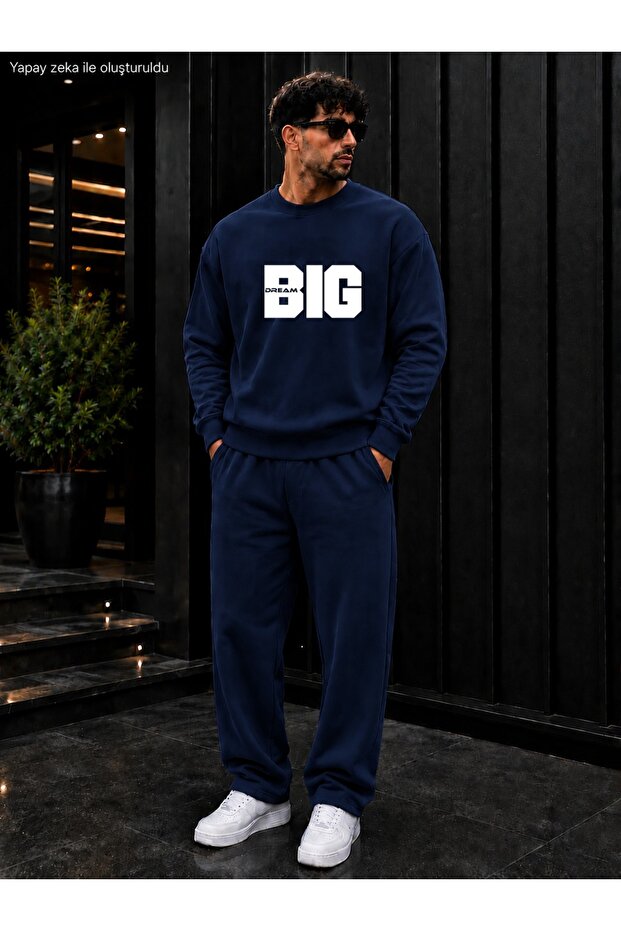 Men's Dream Big Slogan Printed Crew Neck Regular Fit Men's Tracksuit Set / Straight Leg Bottom