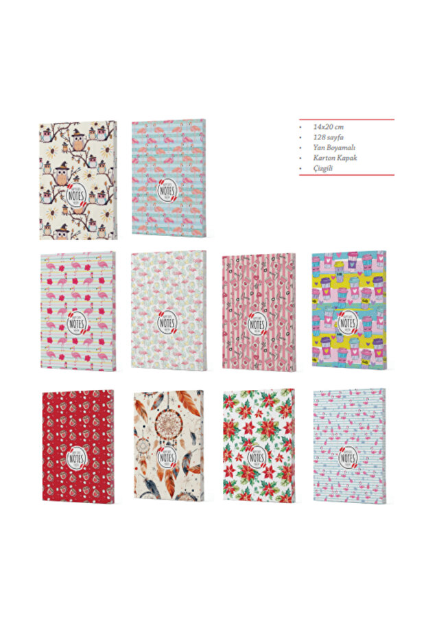 10-Piece Notebook Set - 14X20 cm 128 Pages - Lined Side-Coloring Patterned Cardboard Cover School Notebook