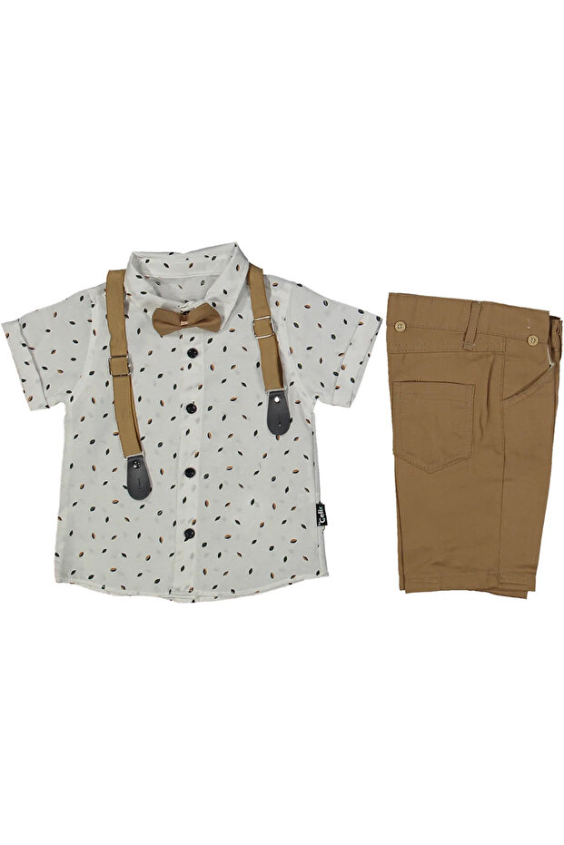 Boy's White and Brown Pants, Leaf Patterned Shirt, Bow Tie, Suspender Short Sleeve 3-Piece Set