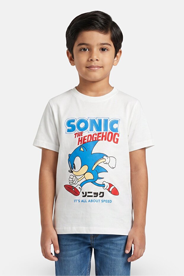 Kids Boy Crew Neck Short Sleeve Sonic The Hedgehog Print T-Shirt, White