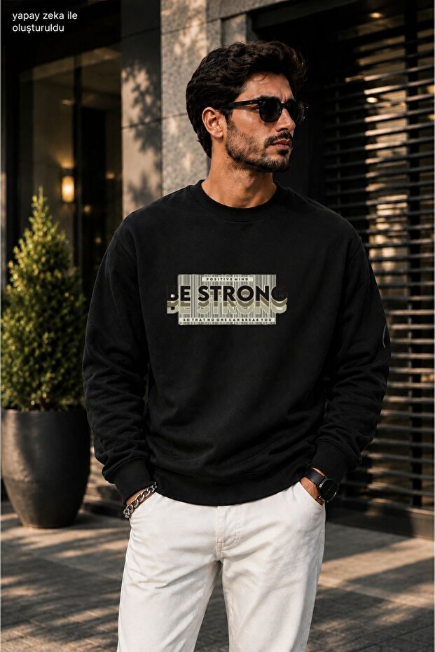 Men's Be Strong Motivational Printed Cycling Round Neck Casual Sweatshirt