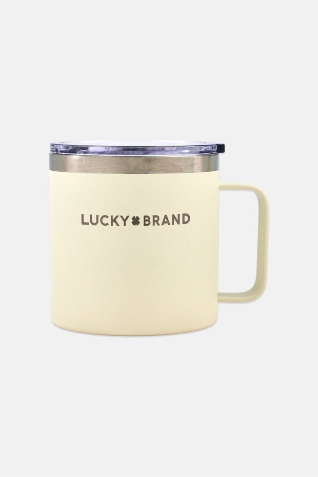 Double Wall Insulated Stainless Steel Brand Logo Coffee Mug With Lid 414 ml, Cream