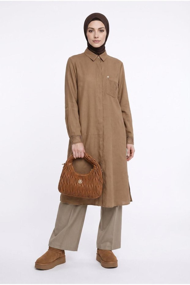 Trendy Mesh Detailed Slit Detailed Hidden Button Linen Fabric Full Fit Long Tunic