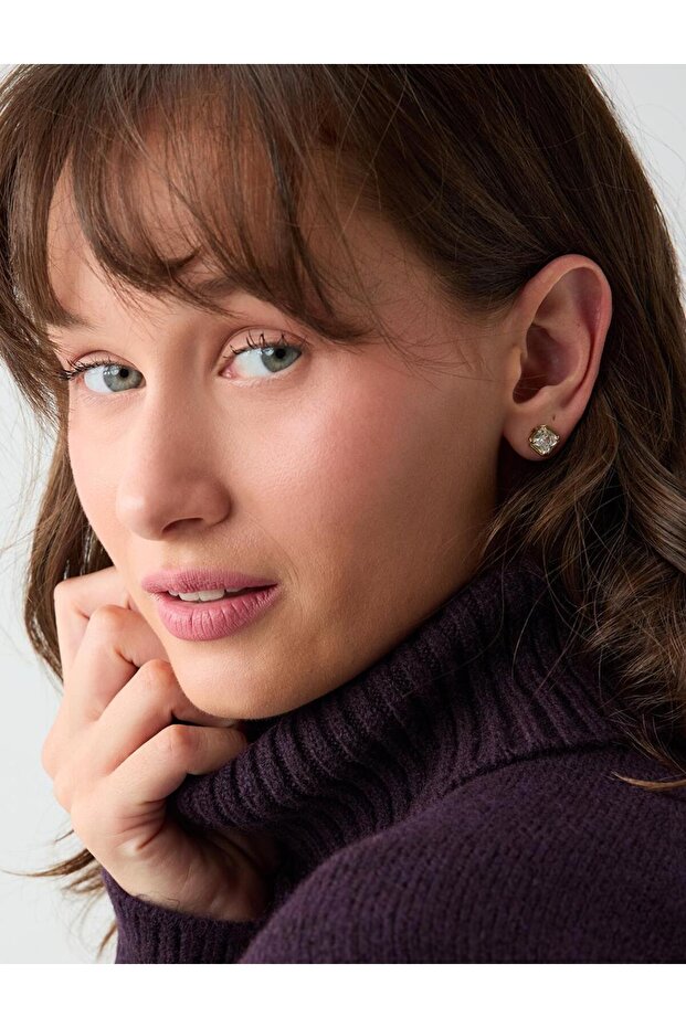 Gold Color Square Single Stone Model Elegant Earrings
