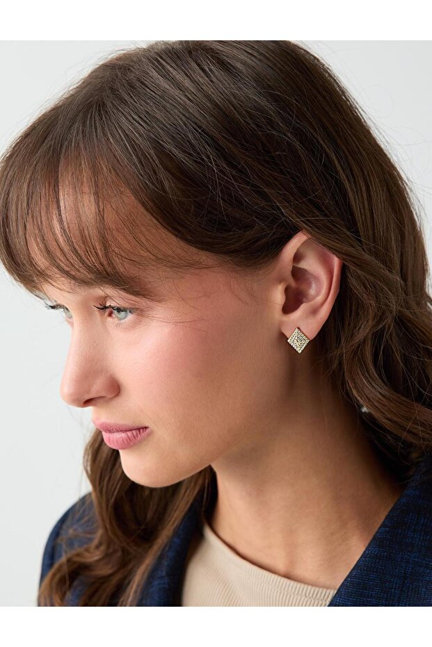 Gold Color Stone Detailed Square Shaped Elegant Earrings