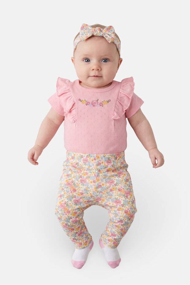 Toddlers Girl 4 Pcs Floral Print Bodysuit And Pants With Headband And Socks Set, Multicolor