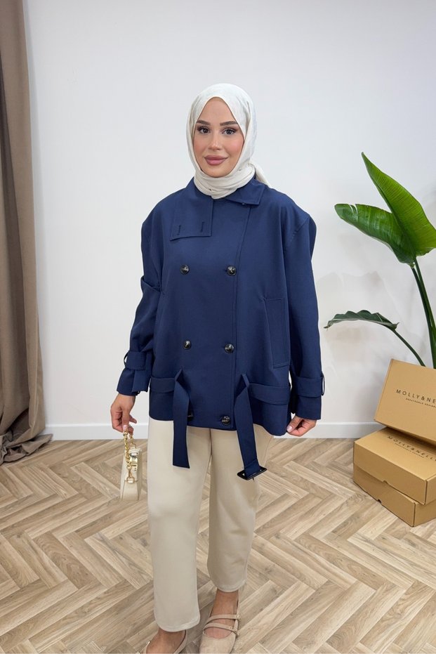 Molly Nelly Women's Stand Collar Midi Length Belted Trench Coat