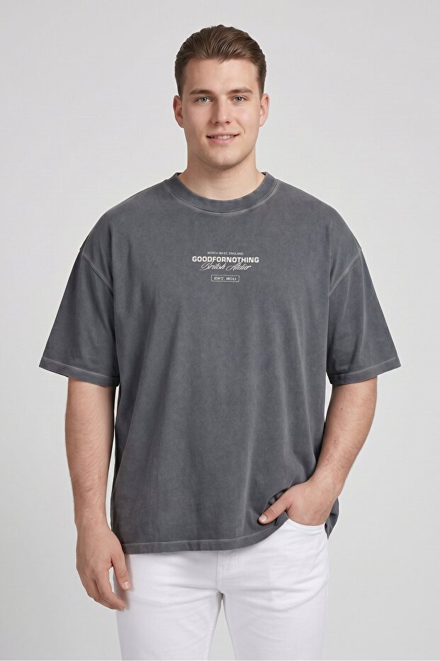Men Crew Neck Short Sleeve Graphic Print T-Shirt, Washed Grey