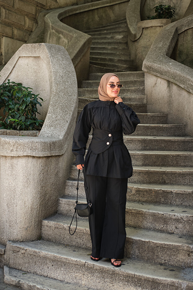 Women's Grass Green Detailed Collar Suit Black