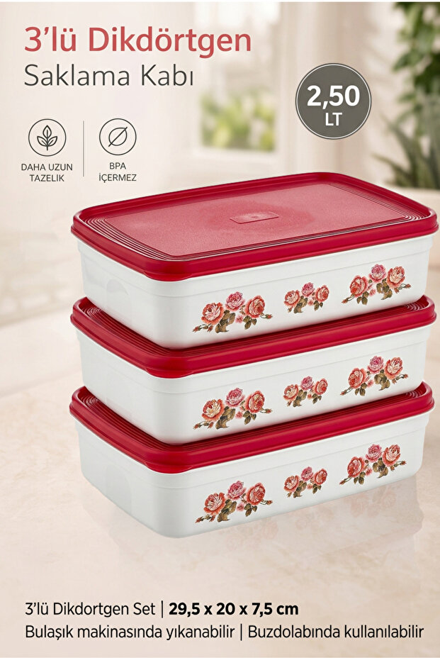 Set of 3 Rectangular Storage Containers 2.50 Lt Food Container Kitchen Organizer