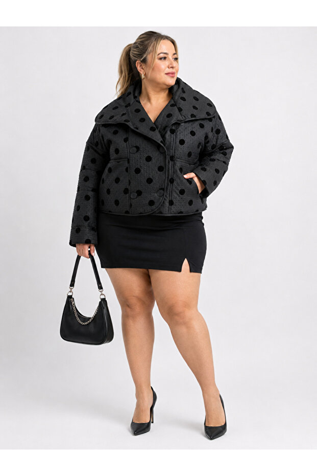 Plus Size Polka Dot Embossed Textured Wide Collar Buttoned Pocket Women's Coat