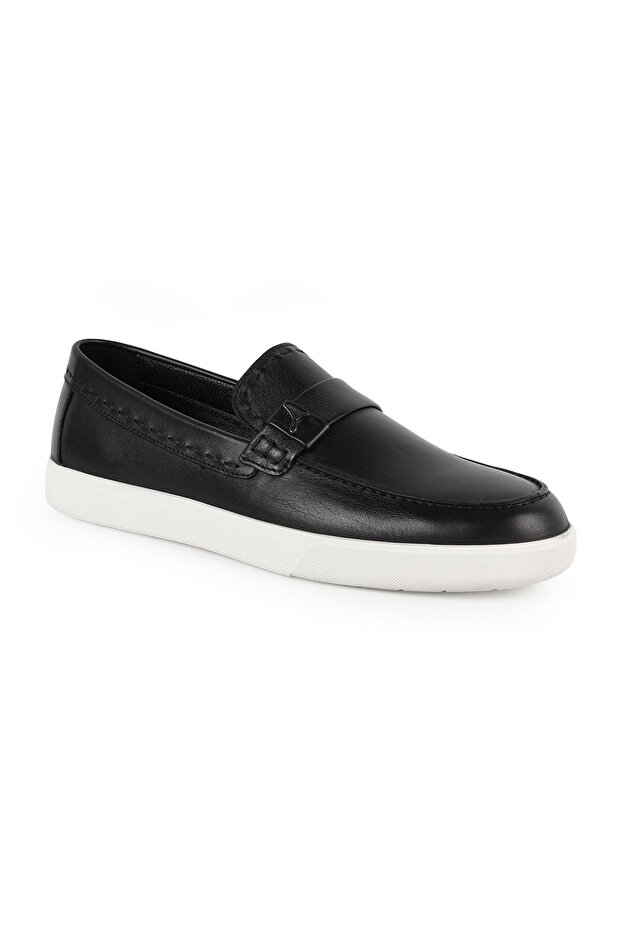 Men's Loafer Black 100% Genuine Antique Leather White Flat Rubber Sole Slip-On Daily Comfortable Casual Shoes
