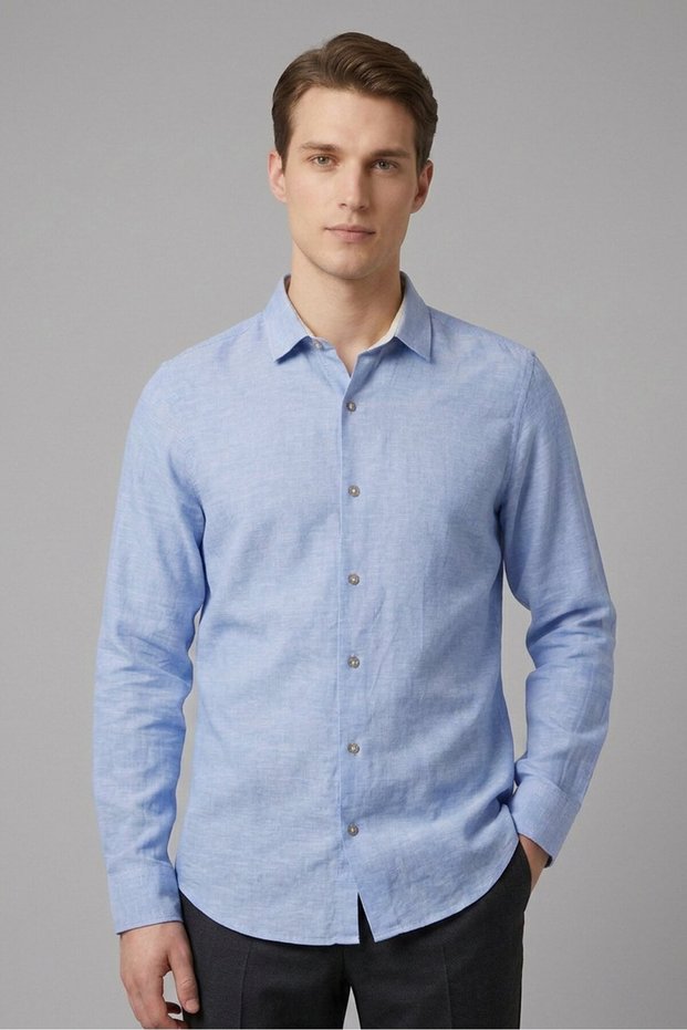 Men Regular Fit Plain Long Sleeve Casual Shirt, Blue