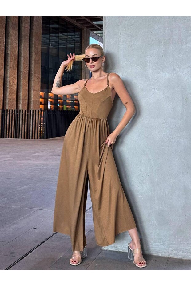 Women's Camel V-Neck Strappy Drawstring Jumpsuit Nj147
