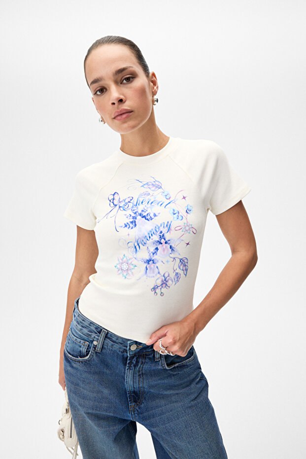 Wims Women's Printed Short Sleeve Ecru T-Shirt