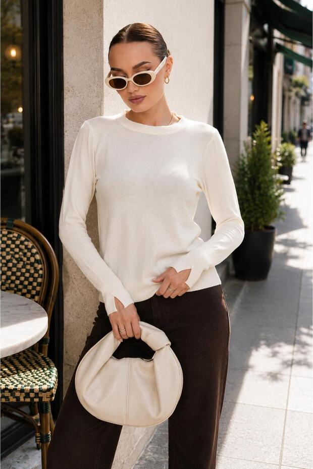 Women's Crew Neck Sleeve Slit Detailed Knitwear Knitted Sweater 265010 -