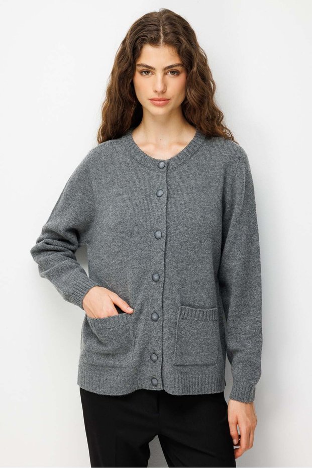 Women's Crew Neck Buttoned Pocketed Basic Short Wool Jacket Smoked