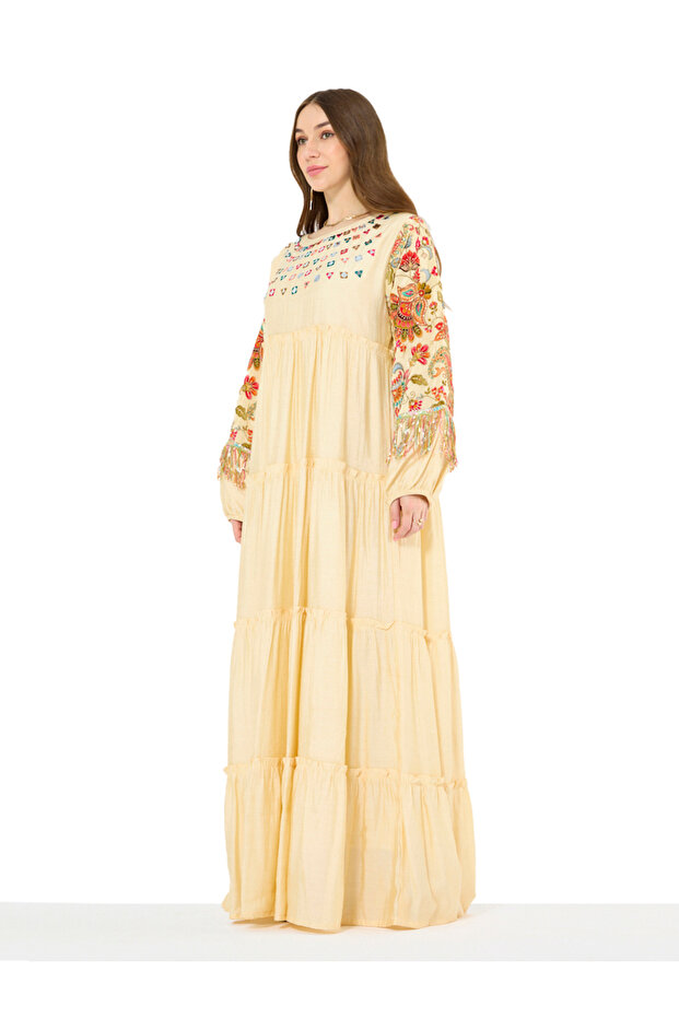 Beige Embroidery Sequin Embellished Maxi Jalabiya
