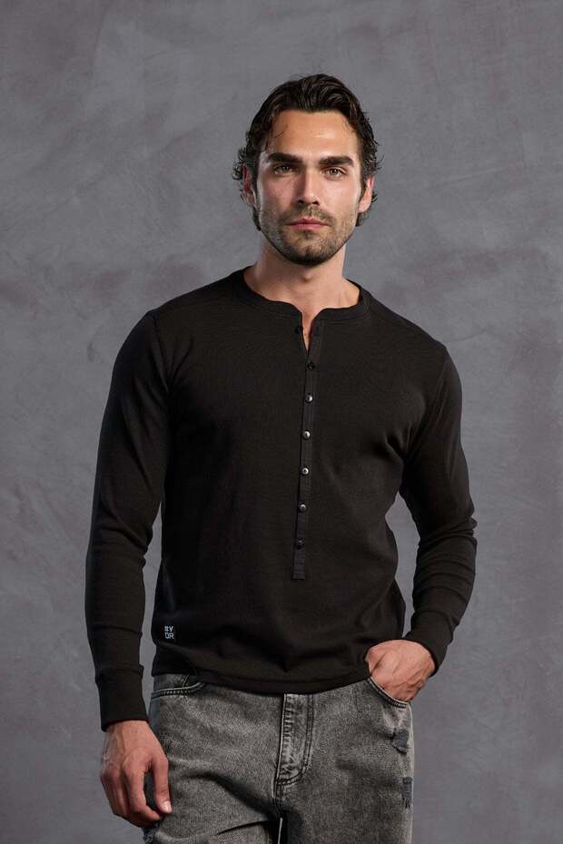 Black Ribbed Button-Front T-Shirt 10025