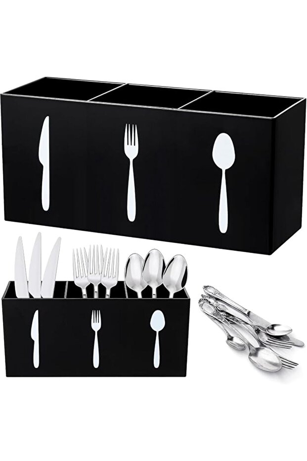 Acrylic Cutlery Storage Organizer Bin, 3-Section Silverware Caddy for Kitchen Countertop, Knife, Spo