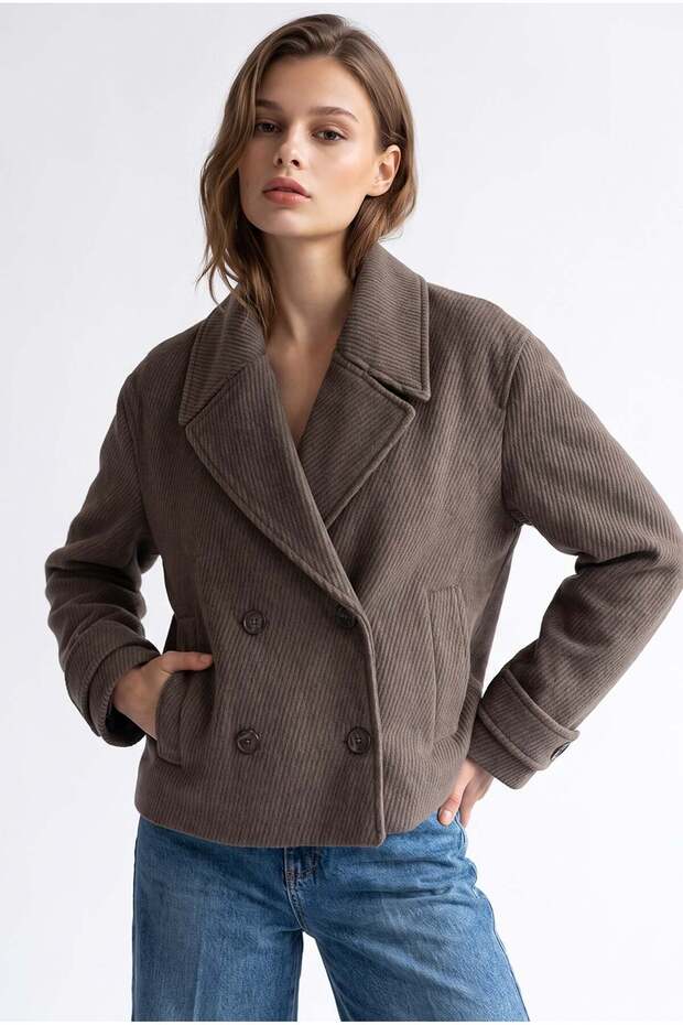 4966 Women's Double-Breasted Ribbed Short Coat with Collar Brown