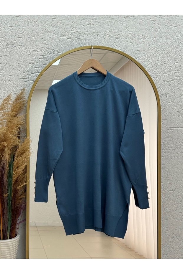 Sabisu Cold Thread Tunic with Buttoned Sleeves and Slits-Sy3310 Indigo