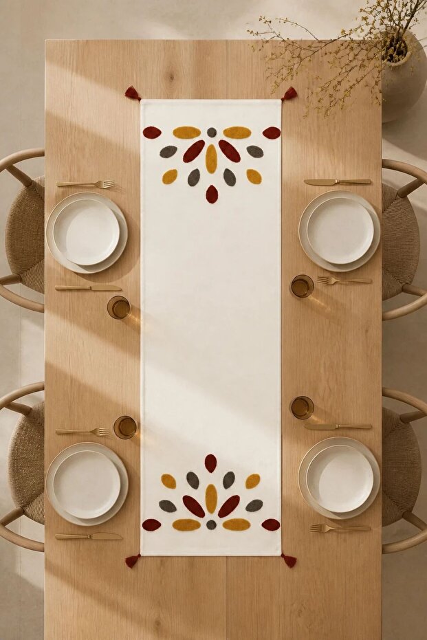 Buldan Fabric Punch Embroidered Table Runner | Tasseled Decorative Coverlet (35X140 cm) - 13+ Pattern Options