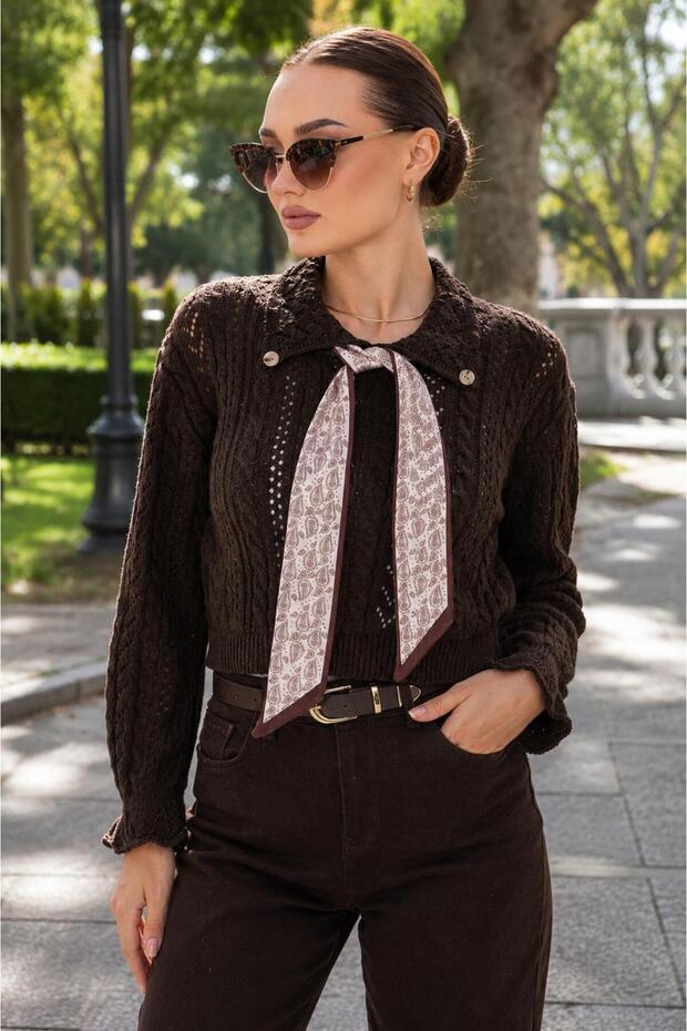 Women's Collared Scarf Detailed Knitted Sweater 265068 -