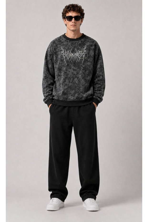 Men's Batik Printed Oversize Sweatshirt and Rubber Cuffed Sweatpants Two-Piece Set