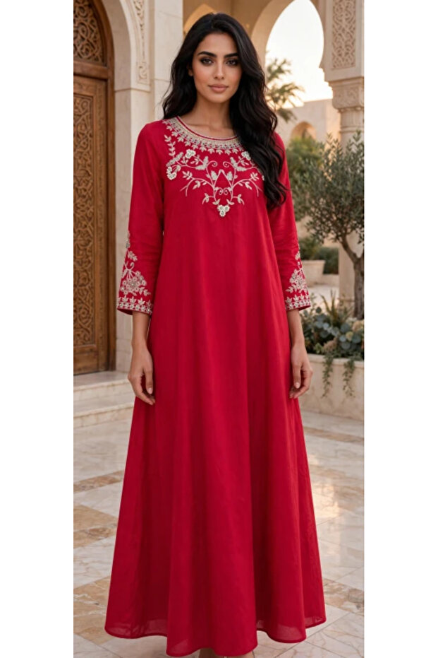 Floral Vines Embroidered Scoop Neck Maxi Jalabiya