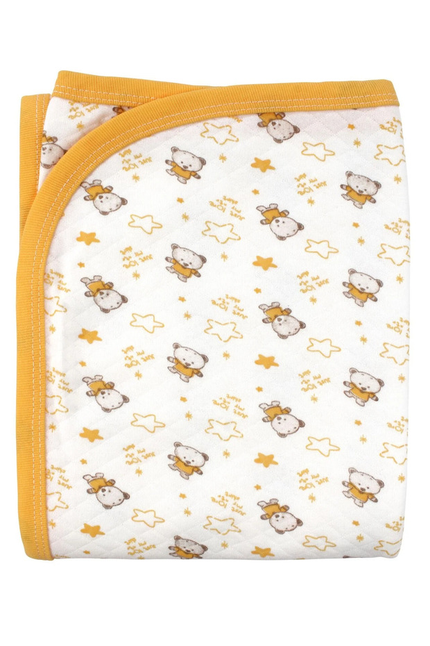 Teddy Bear Patterned Combed Cotton Single Layer Cream Yellow Baby Blanket