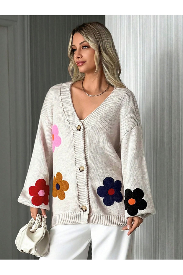Women's Floral Patterned Embroidered Knitwear Cardigan Oversize V-Neck Buttoned Loose Model 🌸