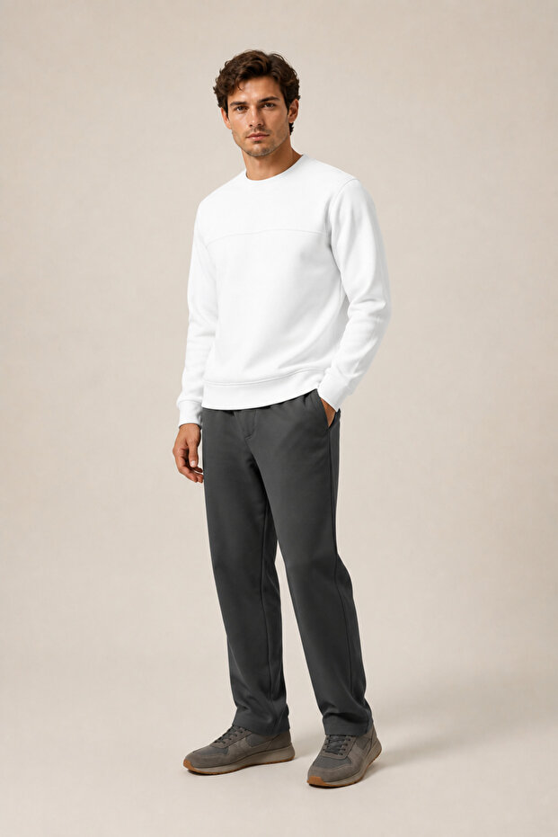 Steni New Season Men's Regular Fit Winter Crew Neck Sweatshirt White