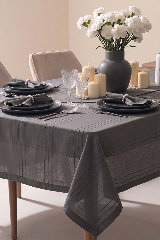 Colber Anthracite Striped Seamless Tablecloth Set, 12 Seater, 26 Pieces