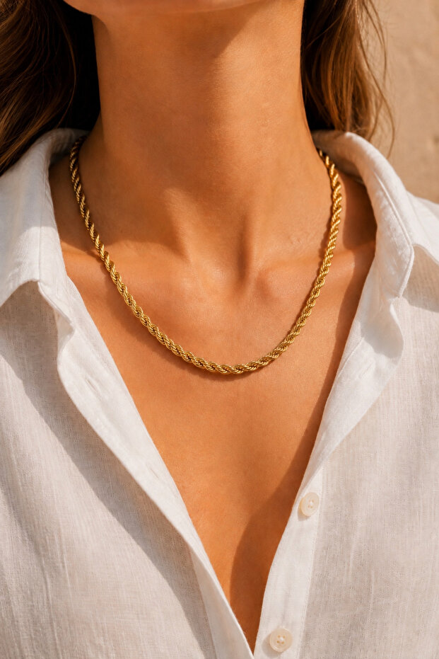 Women's Necklace Gold Thick Twisted Chain Rope Model Showy Necklace 24 cm