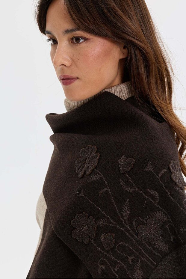 Women's Single-Sided Felt Flower Embroidered Wool Kaşkol Dark Brown
