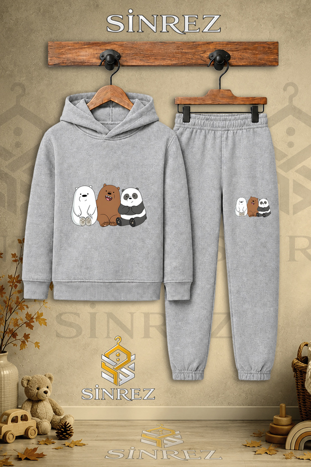 Children's Unisex Single Panda Printed Hooded Tracksuit Set Sitting Side by Side