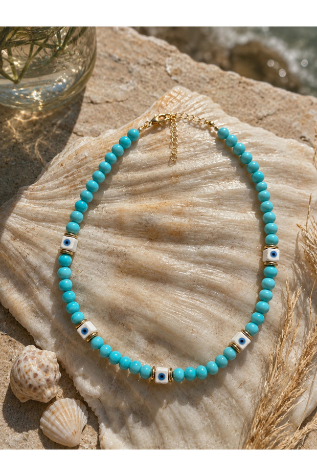 Turquoise Blue Beaded Eye Detail Necklace - Women's Summer Jewelry