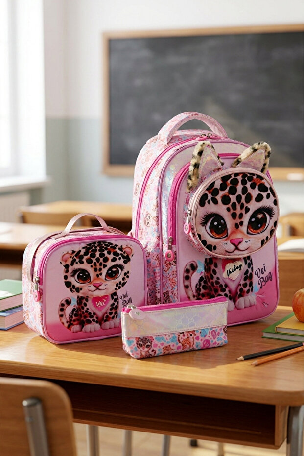 Vb Wild Elementary School Girl's School Bag with Lunch Box and Pencil Holder Backpack Pink