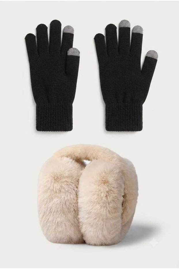Women's Black Plush Earphones and Touch Screen Compatible Smartphone Gloves 2-Piece Winter Set