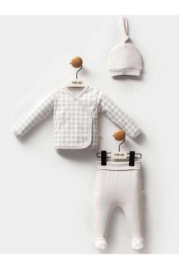 3-Piece Printed Bodysuit Sets with Hats - Gray