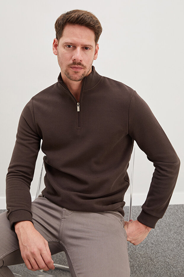 Ribbed Stand Collar Half Zipper Sweatshirt