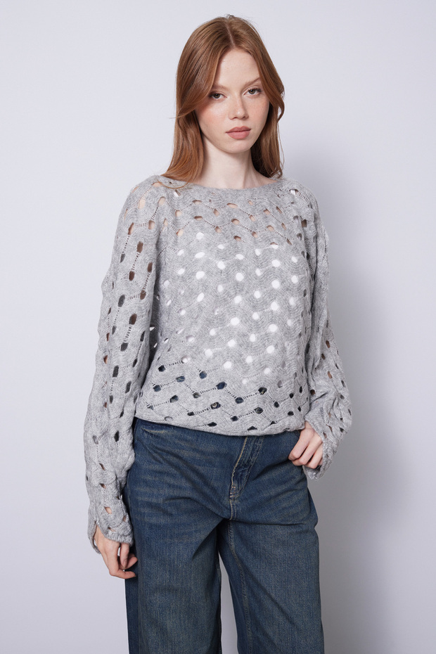 Bat Sleeve Openwork Knitted Sweater Gray