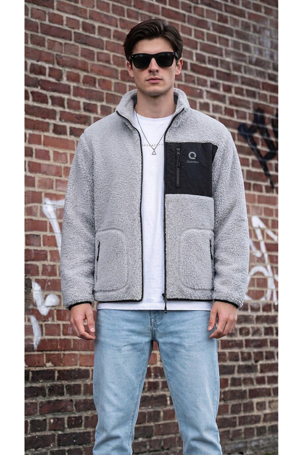 Men's Lamb Welsoft Plush Fabric Full Zipper Jacket with Front Pockets
