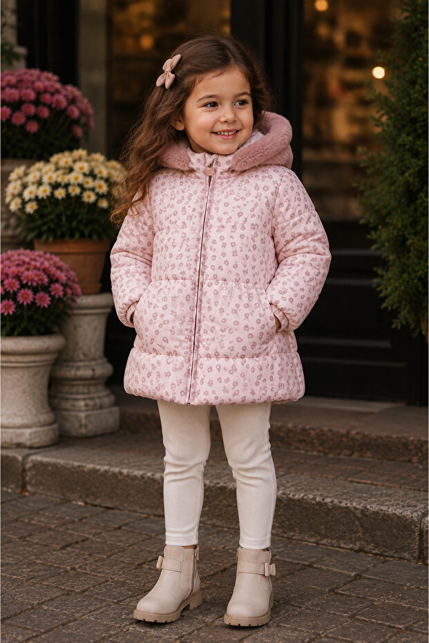 Winter Hooded Furry Leopard Patterned Girl's Coat