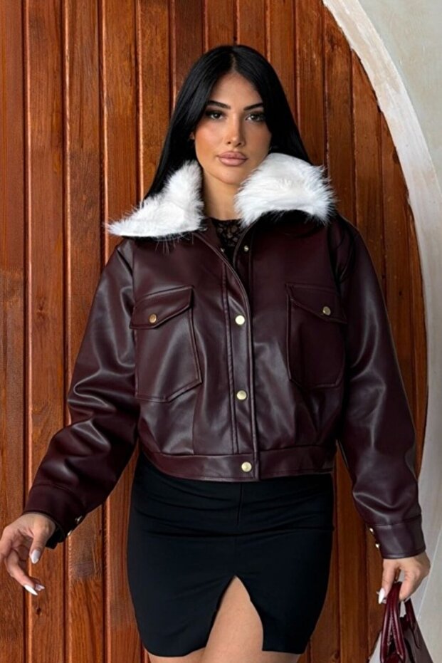 Women's Leather Jacket Short Plush Collar Snap Button Double Pockets Long Sleeve Faux Leather Jacket Coat